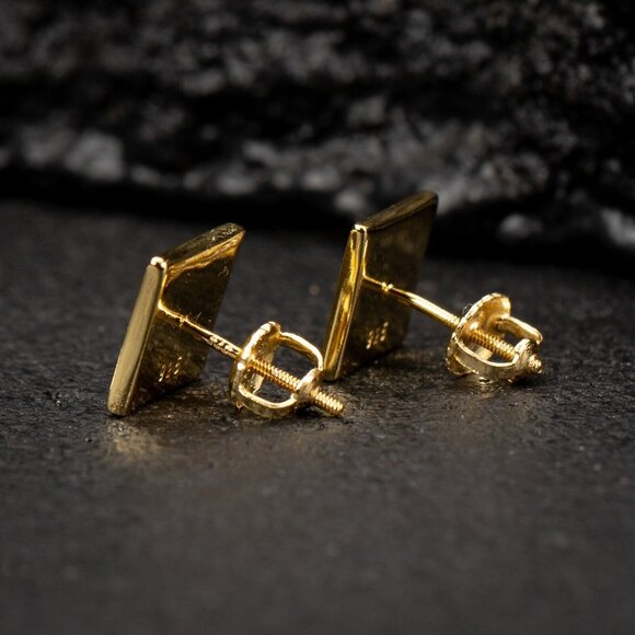 Small 3D Yellow Gold Plated Hip Hop Screw Back Iced Cz Mens Square Earrings - Picture 6 of 6
